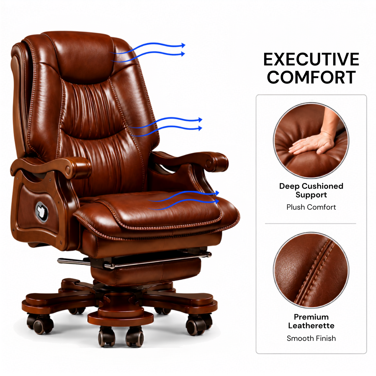 High Back Director Chair for office Luxury Design Made in Plyboard with Leatherette & Recliner & Footrest  Best Ergonomic Office Chair
