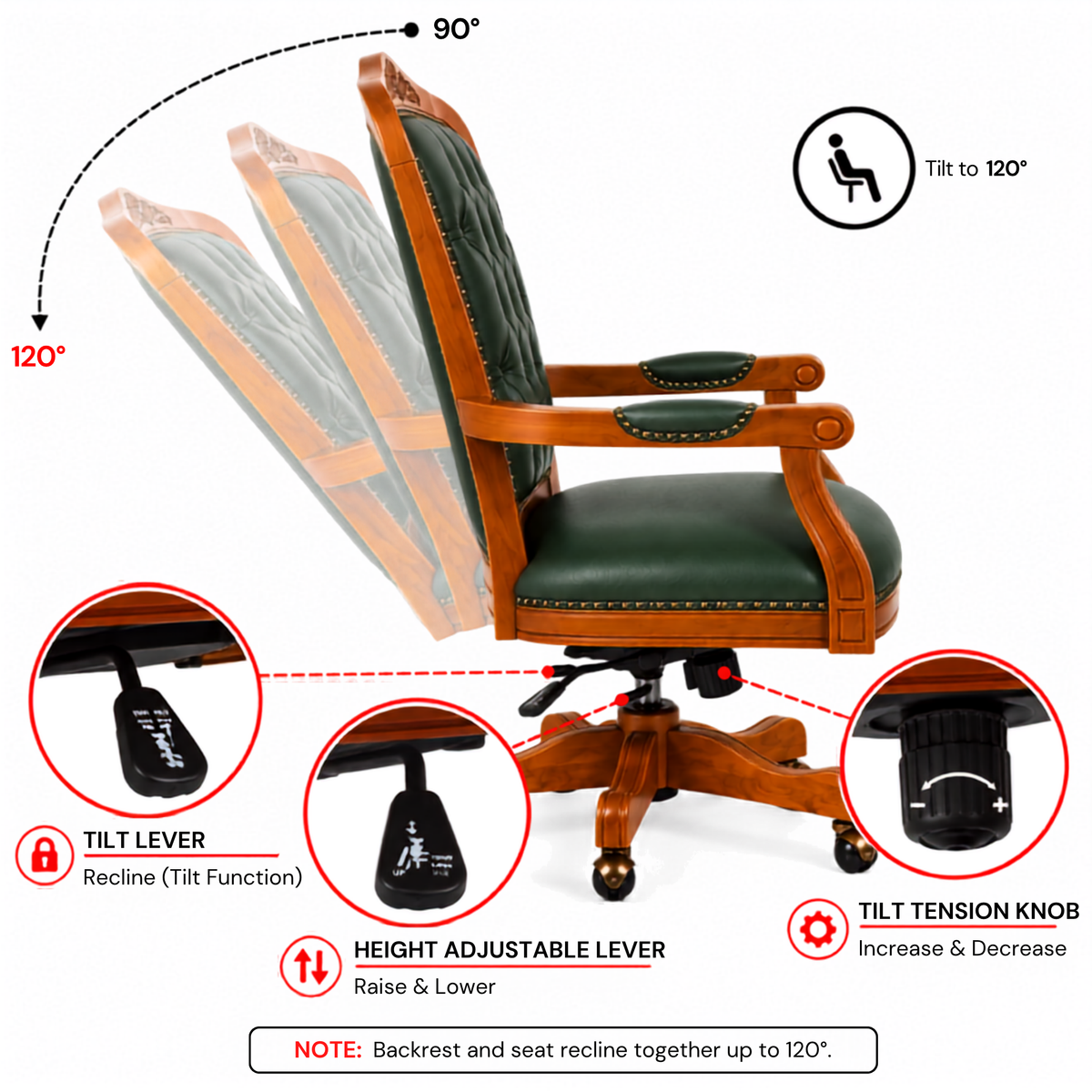 Luxury Office Director Chair Tufted Design Made in Solid wood with Leatherette and Soft Padded - Armrest and Swivel Base and Polish