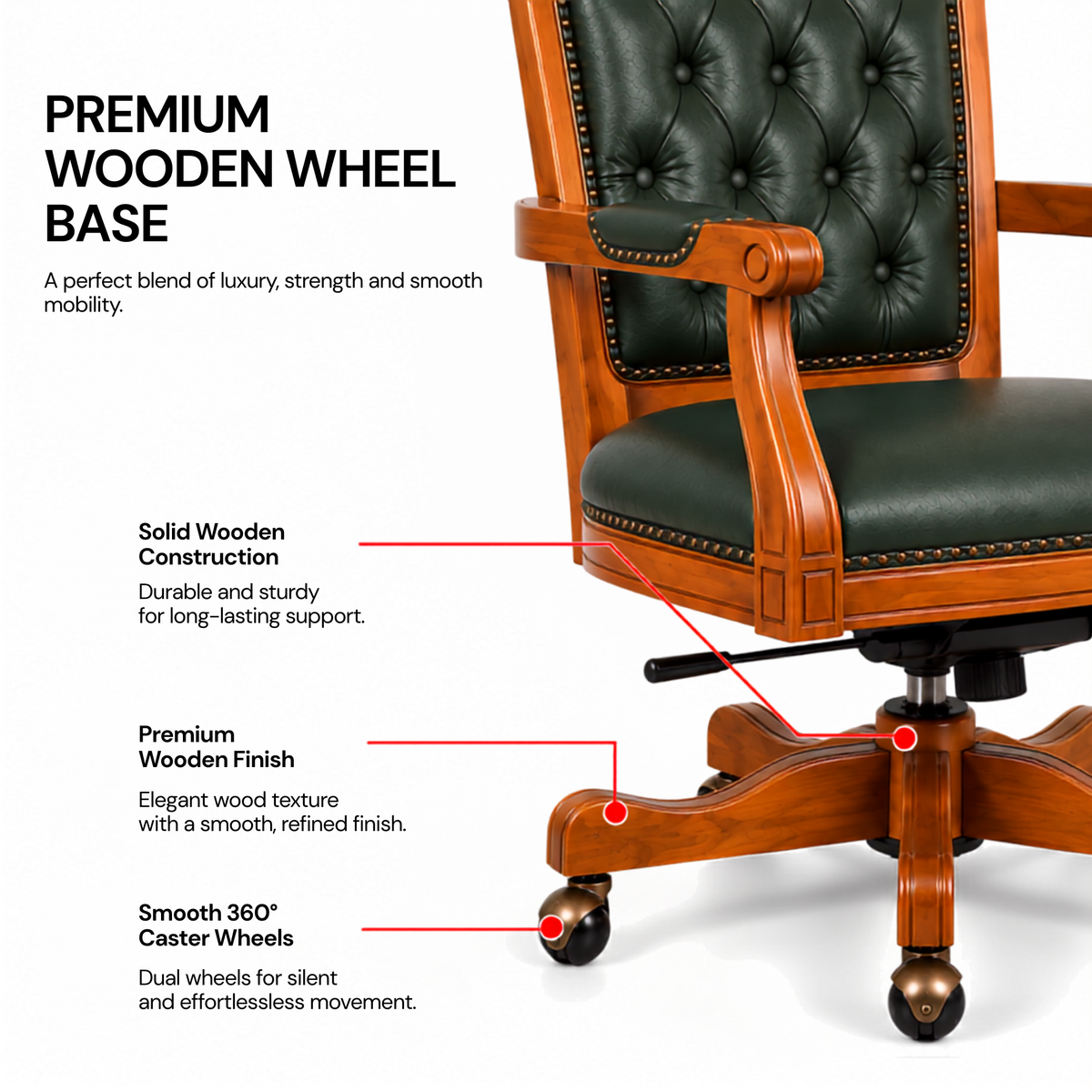 Luxury Office Director Chair Tufted Design Made in Solid wood with Leatherette and Soft Padded - Armrest and Swivel Base and Polish