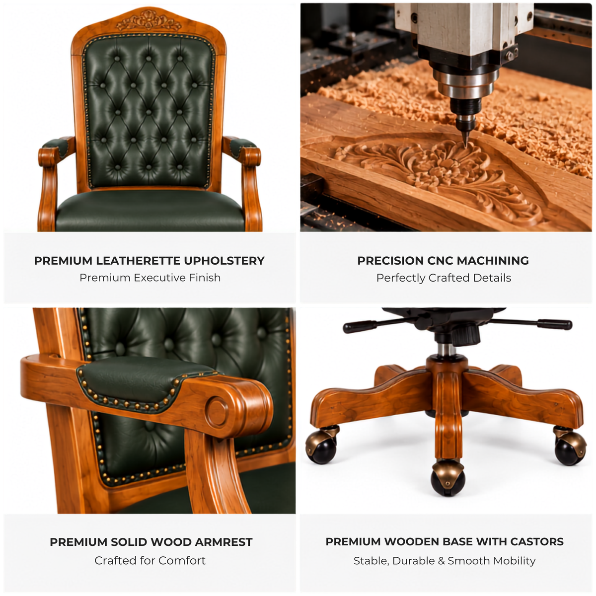 Luxury Office Director Chair Tufted Design Made in Solid wood with Leatherette and Soft Padded - Armrest and Swivel Base and Polish