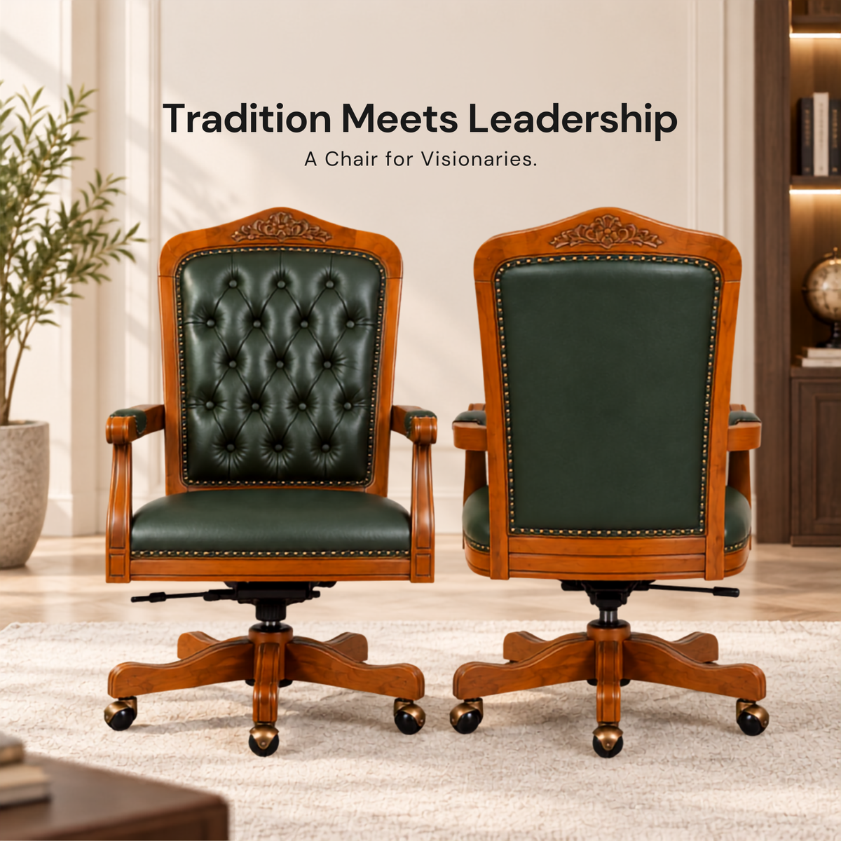 Luxury Office Director Chair Tufted Design Made in Solid wood with Leatherette and Soft Padded - Armrest and Swivel Base and Polish