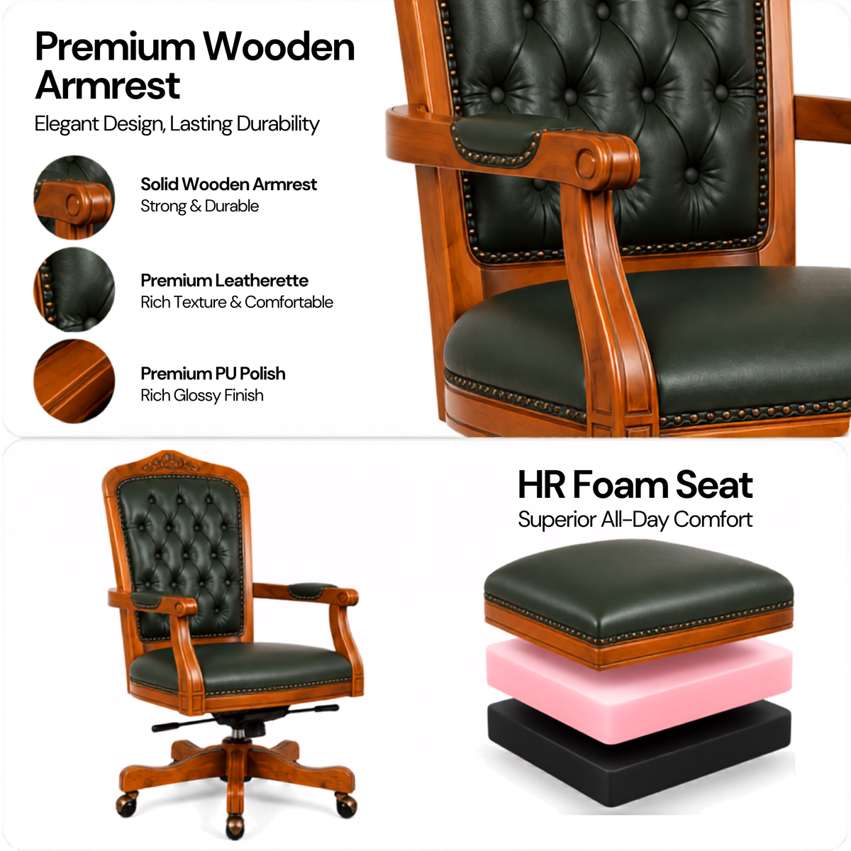Luxury Office Director Chair Tufted Design Made in Solid wood with Leatherette and Soft Padded - Armrest and Swivel Base and Polish