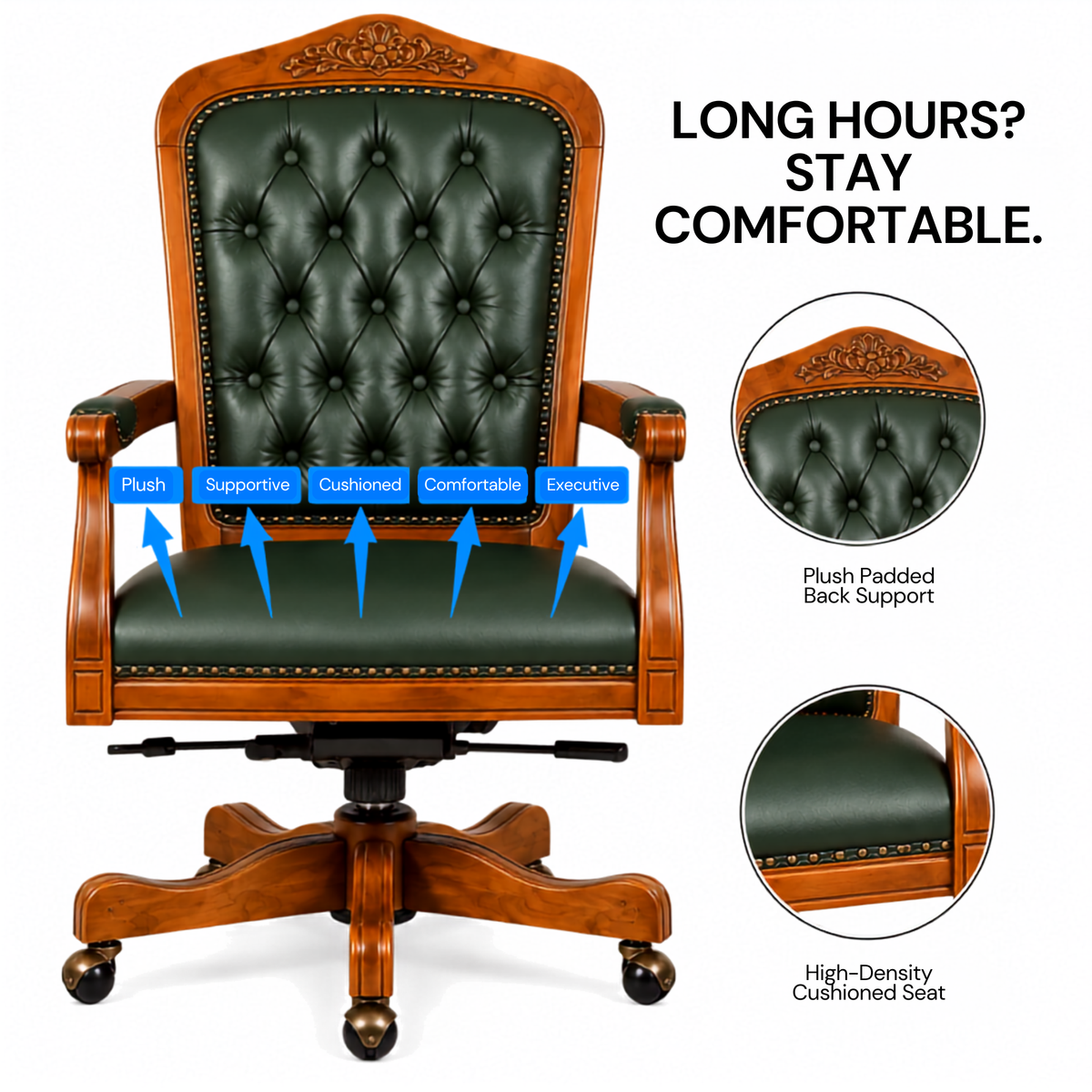 Luxury Office Director Chair Tufted Design Made in Solid wood with Leatherette and Soft Padded - Armrest and Swivel Base and Polish