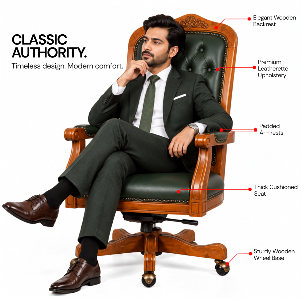 Luxury Office Director Chair Tufted Design Made in Solid wood with Leatherette and Soft Padded - Armrest and Swivel Base and Polish