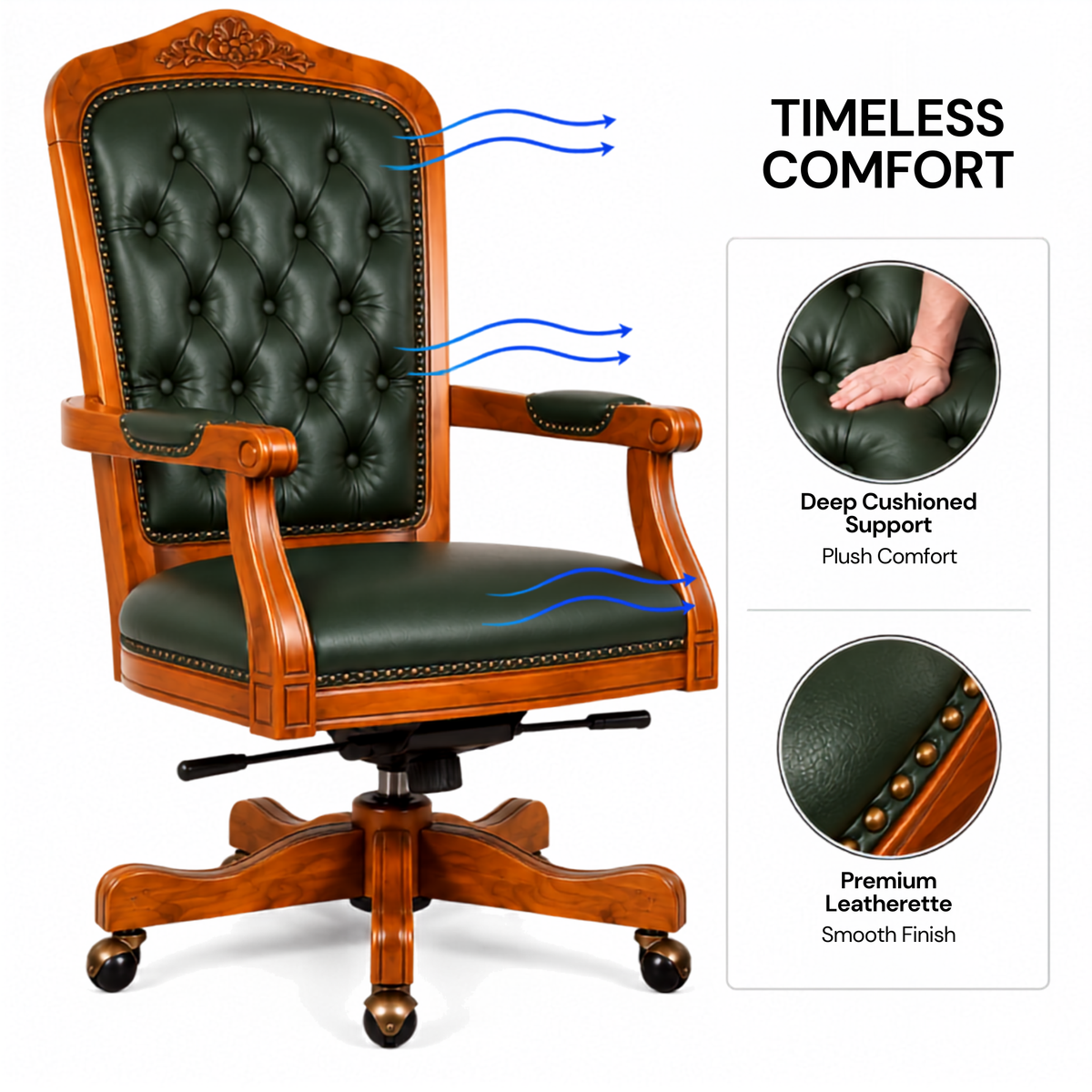 Luxury Office Director Chair Tufted Design Made in Solid wood with Leatherette and Soft Padded - Armrest and Swivel Base and Polish