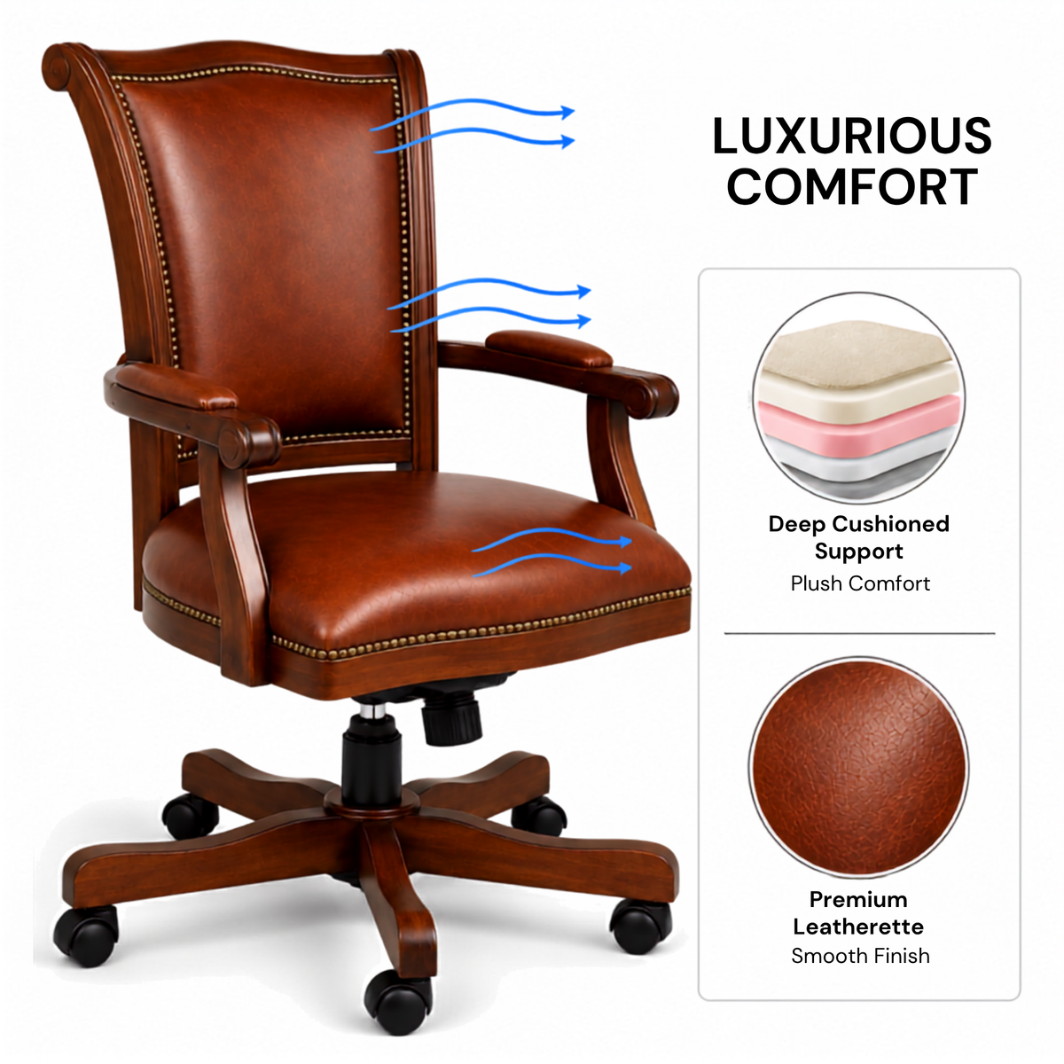Premium Wooden Director Chair with Leatherette Upholstery, Ergonomic High Back, Handcrafted Solid Wood Frame, with Smooth Castor Wheels