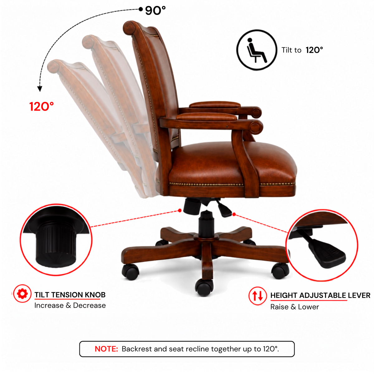 Premium Wooden Director Chair with Leatherette Upholstery, Ergonomic High Back, Handcrafted Solid Wood Frame, with Smooth Castor Wheels