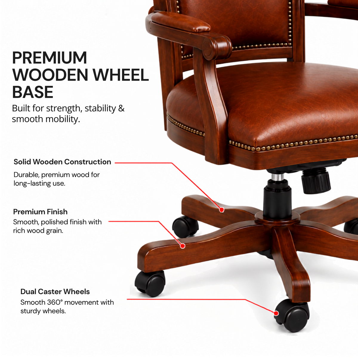 Premium Wooden Director Chair with Leatherette Upholstery, Ergonomic High Back, Handcrafted Solid Wood Frame, with Smooth Castor Wheels
