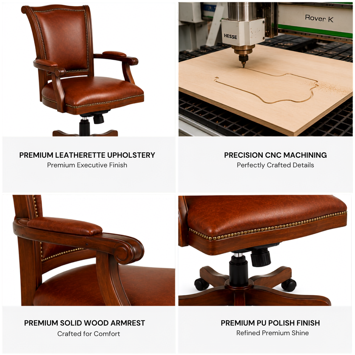 Premium Wooden Director Chair with Leatherette Upholstery, Ergonomic High Back, Handcrafted Solid Wood Frame, with Smooth Castor Wheels