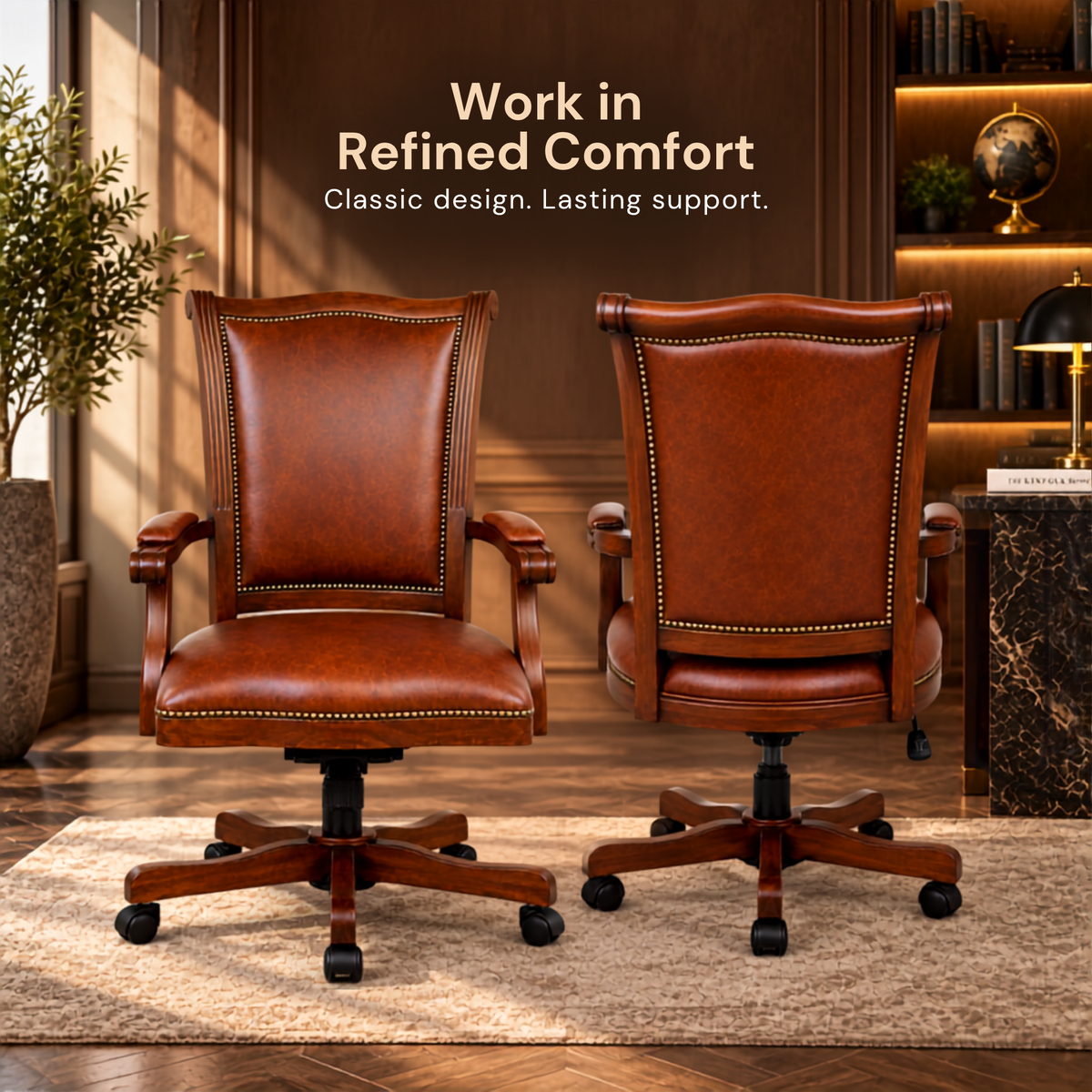 Premium Wooden Director Chair with Leatherette Upholstery, Ergonomic High Back, Handcrafted Solid Wood Frame, with Smooth Castor Wheels