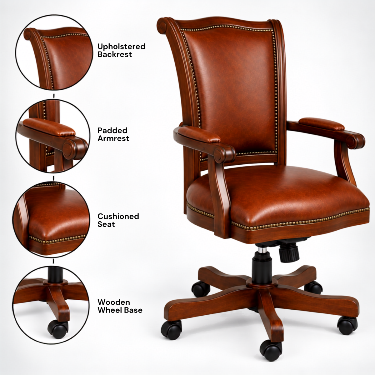 Premium Wooden Director Chair with Leatherette Upholstery, Ergonomic High Back, Handcrafted Solid Wood Frame, with Smooth Castor Wheels