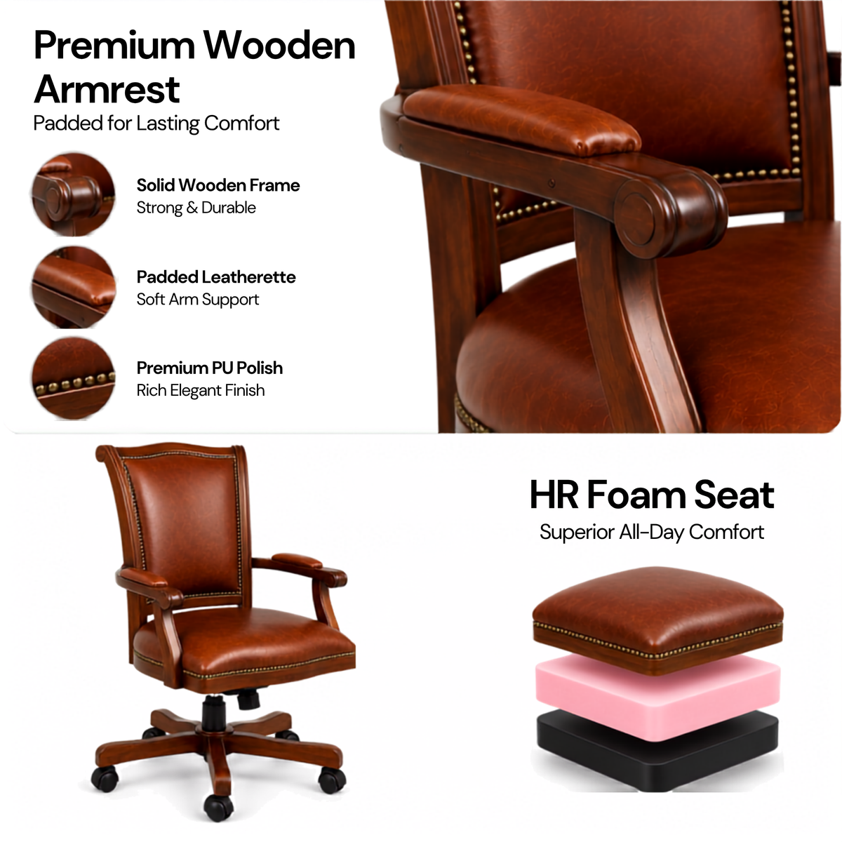 Premium Wooden Director Chair with Leatherette Upholstery, Ergonomic High Back, Handcrafted Solid Wood Frame, with Smooth Castor Wheels