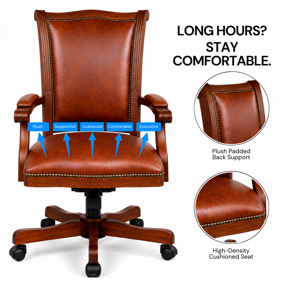 Premium Wooden Director Chair with Leatherette Upholstery, Ergonomic High Back, Handcrafted Solid Wood Frame, with Smooth Castor Wheels