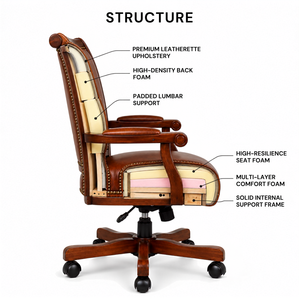 Premium Wooden Director Chair with Leatherette Upholstery, Ergonomic High Back, Handcrafted Solid Wood Frame, with Smooth Castor Wheels