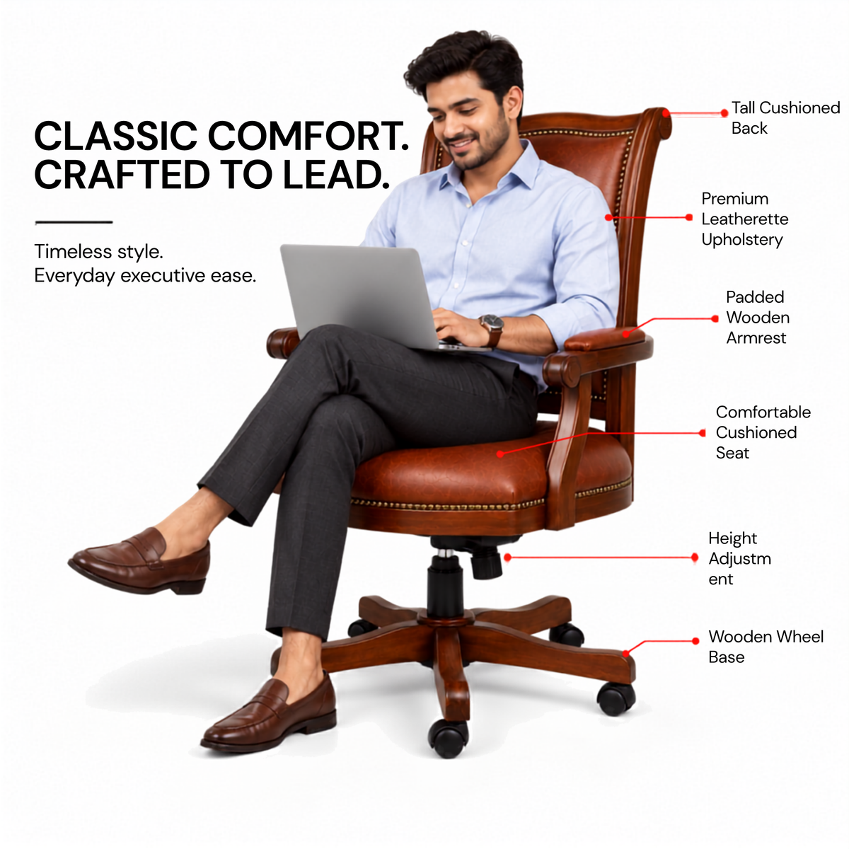 Premium Wooden Director Chair with Leatherette Upholstery, Ergonomic High Back, Handcrafted Solid Wood Frame, with Smooth Castor Wheels