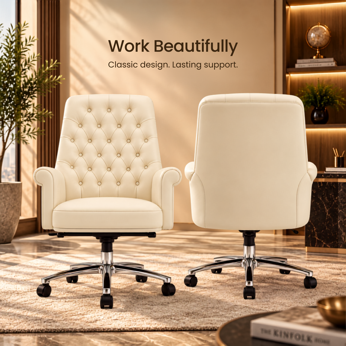 Luxury Director Chair with Button-Tufted Upholstery, Ergonomic, Padded Armrests, and Chrome Base for Modern Office Chair