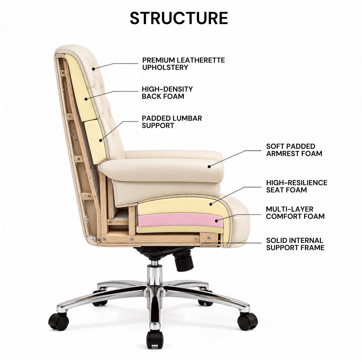 Luxury Director Chair with Button-Tufted Upholstery, Ergonomic, Padded Armrests, and Chrome Base for Modern Office Chair