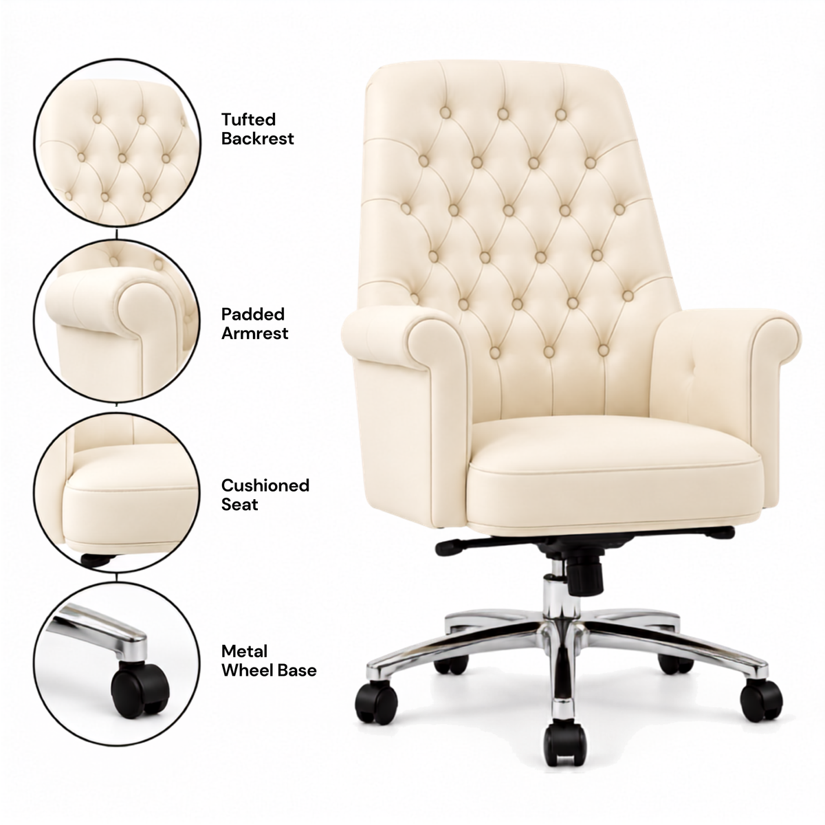 Luxury Director Chair with Button-Tufted Upholstery, Ergonomic, Padded Armrests, and Chrome Base for Modern Office Chair