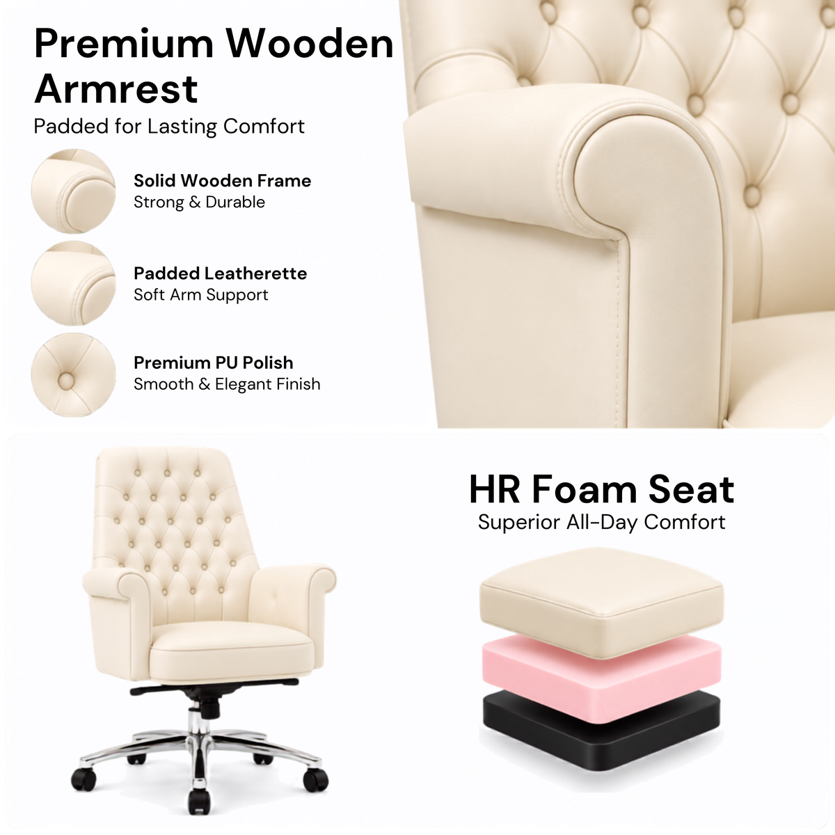 Luxury Director Chair with Button-Tufted Upholstery, Ergonomic, Padded Armrests, and Chrome Base for Modern Office Chair