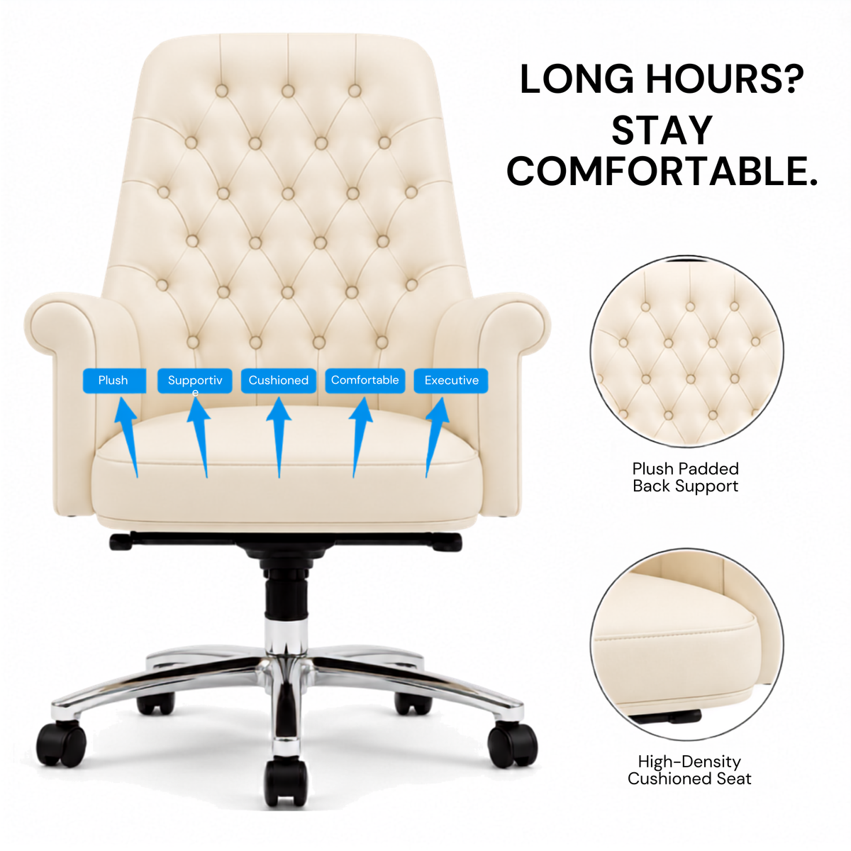 Luxury Director Chair with Button-Tufted Upholstery, Ergonomic, Padded Armrests, and Chrome Base for Modern Office Chair