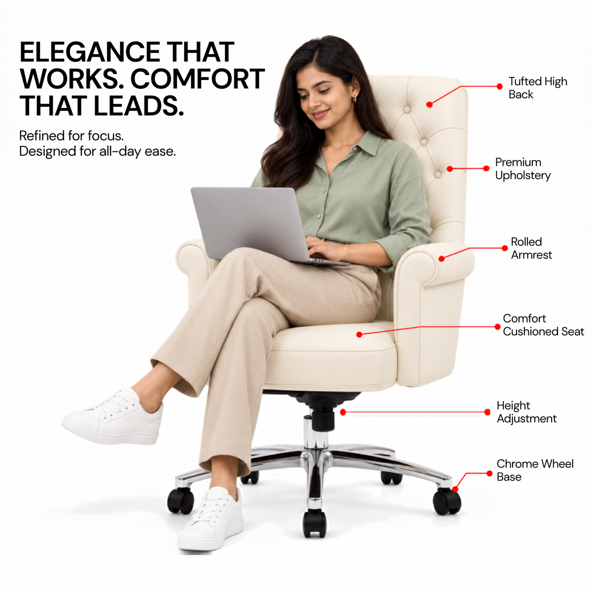 Luxury Director Chair with Button-Tufted Upholstery, Ergonomic, Padded Armrests, and Chrome Base for Modern Office Chair