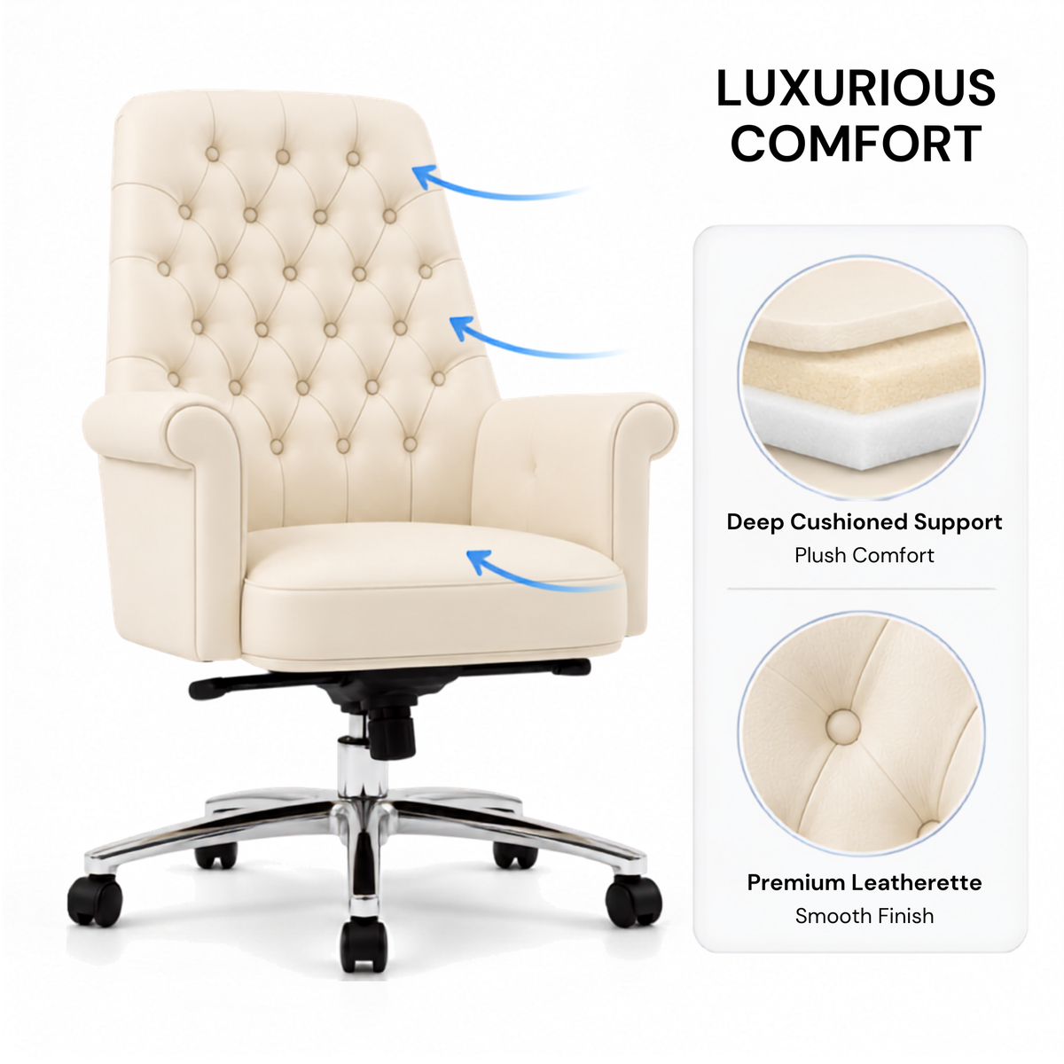 Luxury Director Chair with Button-Tufted Upholstery, Ergonomic, Padded Armrests, and Chrome Base for Modern Office Chair