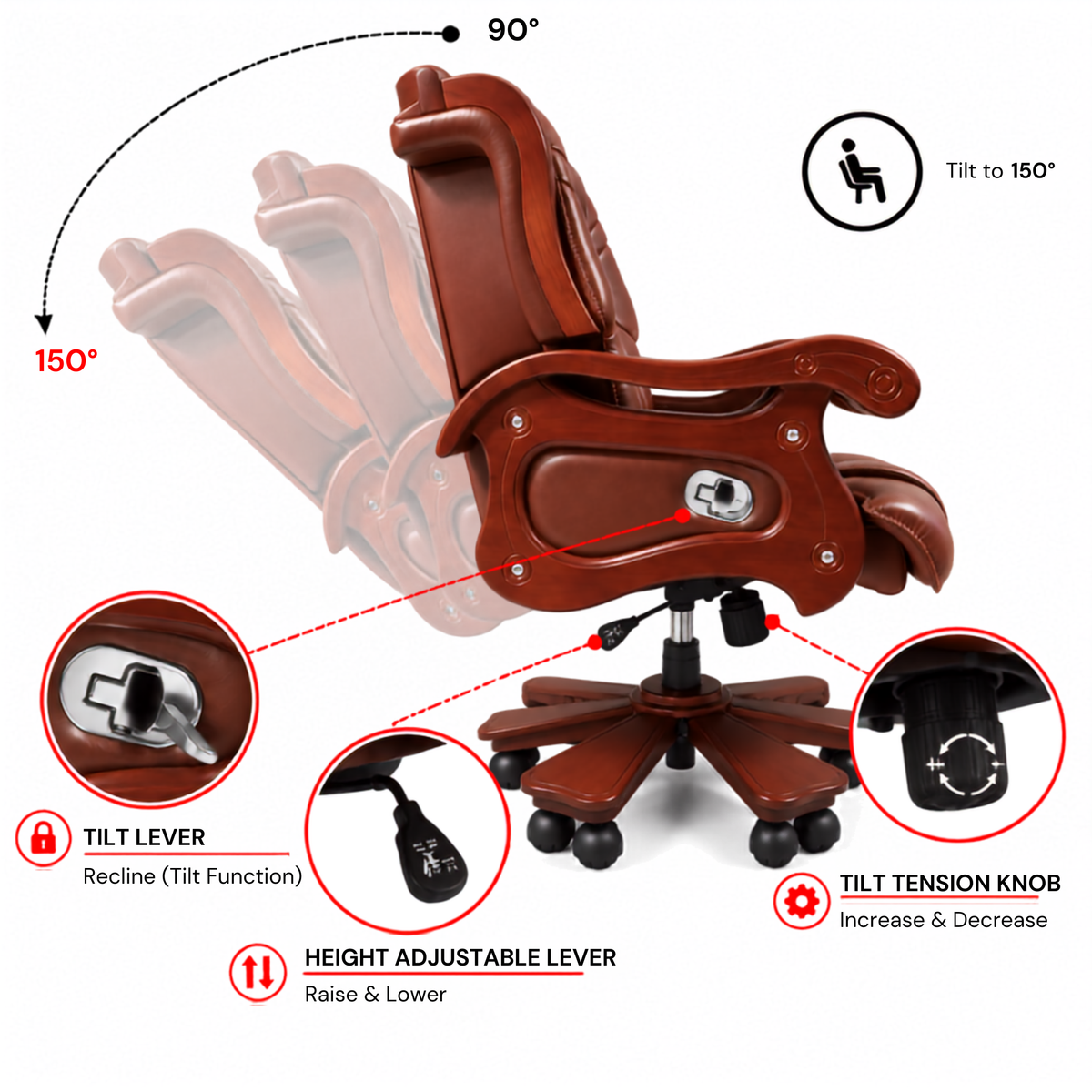 Luxury Director Chair for office Royal Design with Handcrafted & Leatherette & Recliner & Height Adjustable and Revolving Chair
