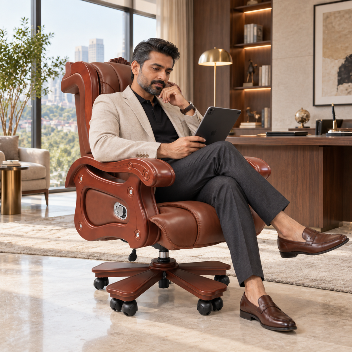 Luxury Director Chair for office Royal Design with Handcrafted & Leatherette & Recliner & Height Adjustable and Revolving Chair
