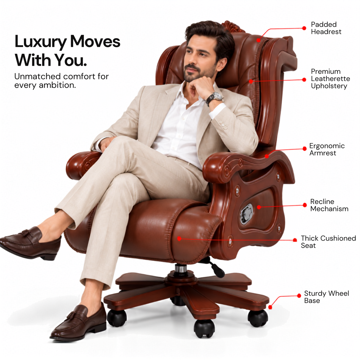 Luxury Director Chair for office Royal Design with Handcrafted & Leatherette & Recliner & Height Adjustable and Revolving Chair