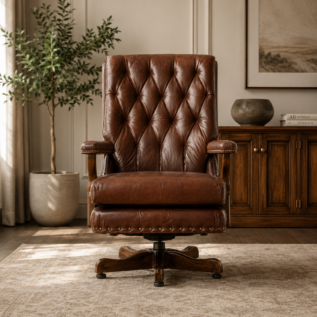 Luxury Vintage Executive Office Chair with Tufted Leather Upholstery & Solid Wood Base for CEO Cabin and Premium Workspaces
