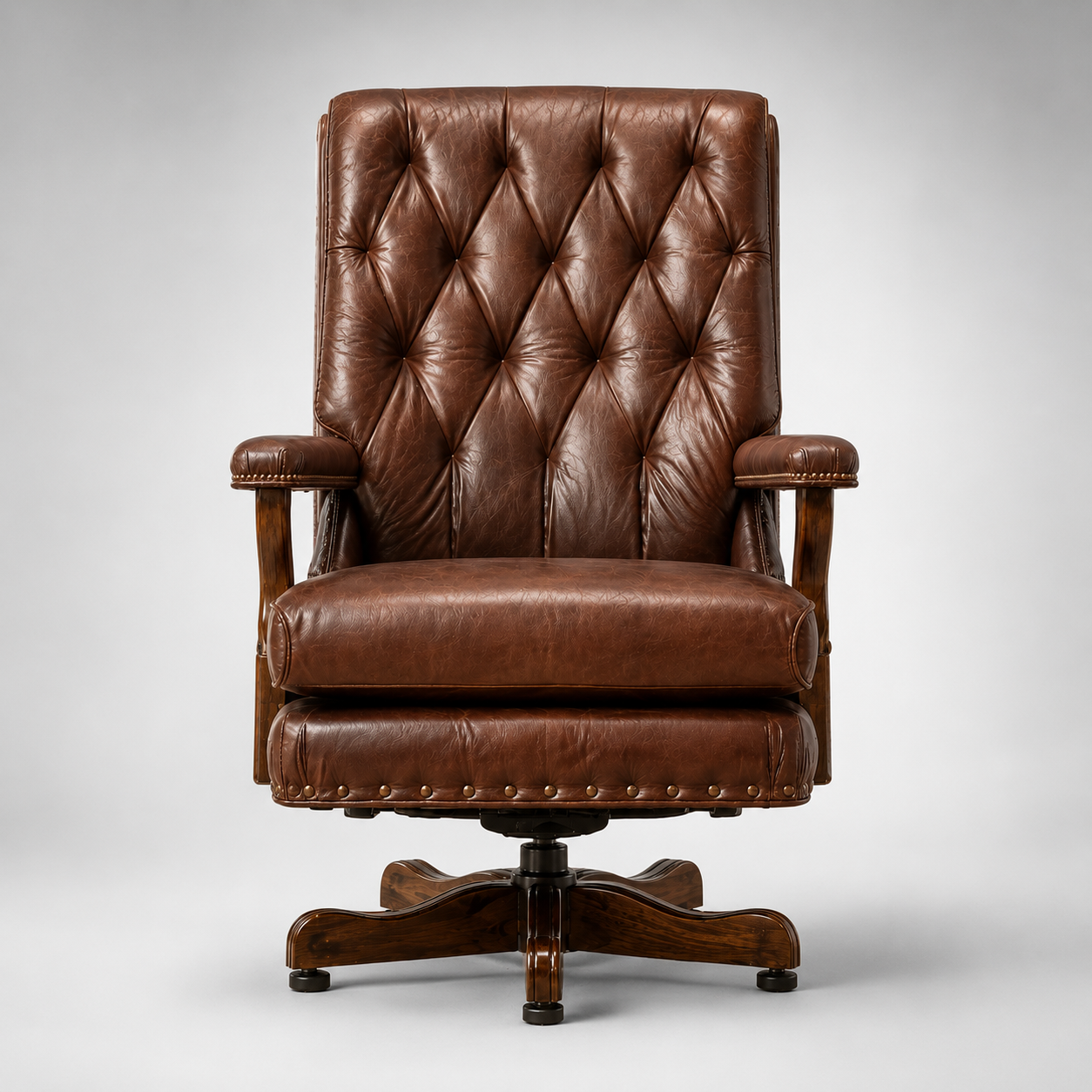 Luxury Vintage Executive Office Chair with Tufted Leather Upholstery & Solid Wood Base for CEO Cabin and Premium Workspaces