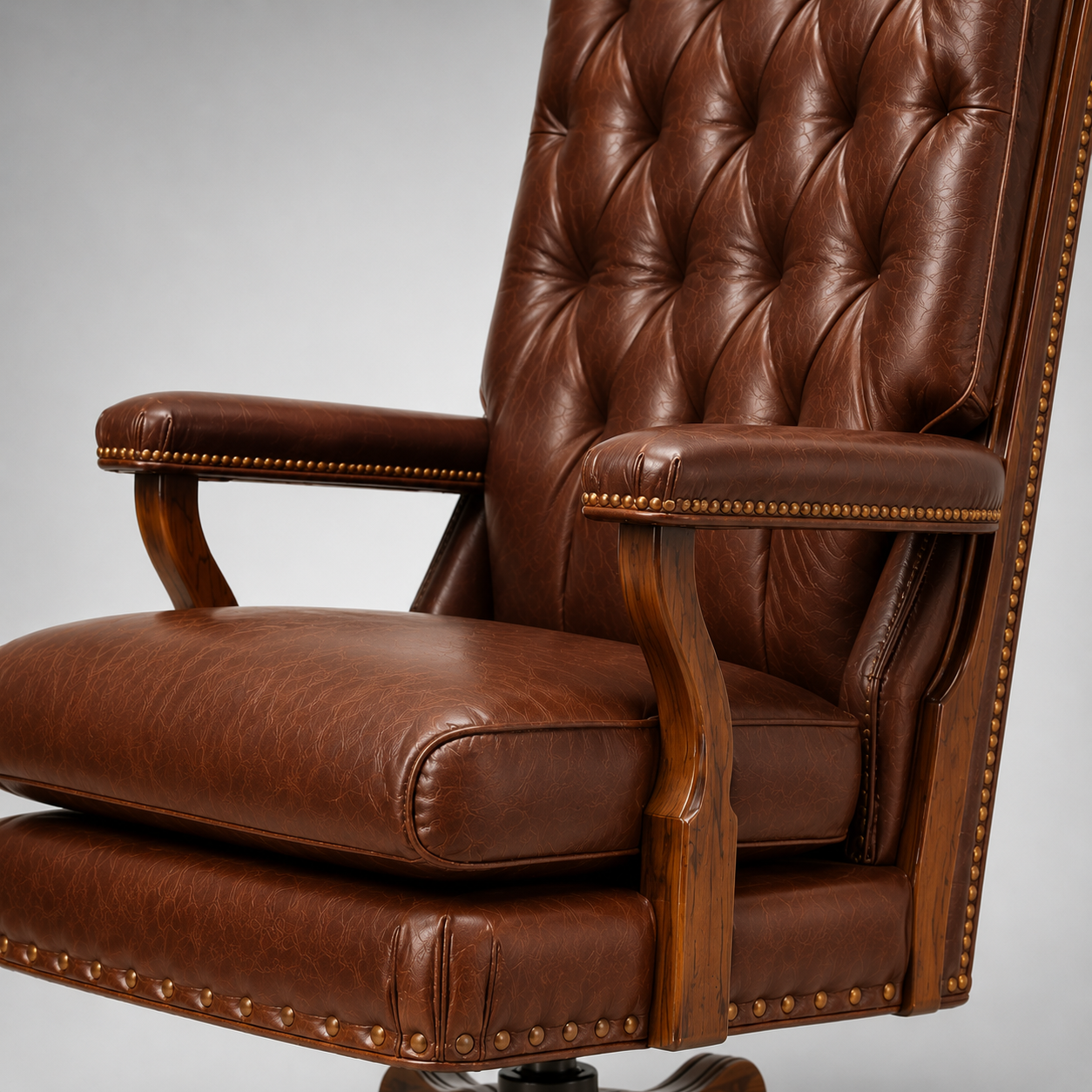 Luxury Vintage Executive Office Chair with Tufted Leather Upholstery & Solid Wood Base for CEO Cabin and Premium Workspaces