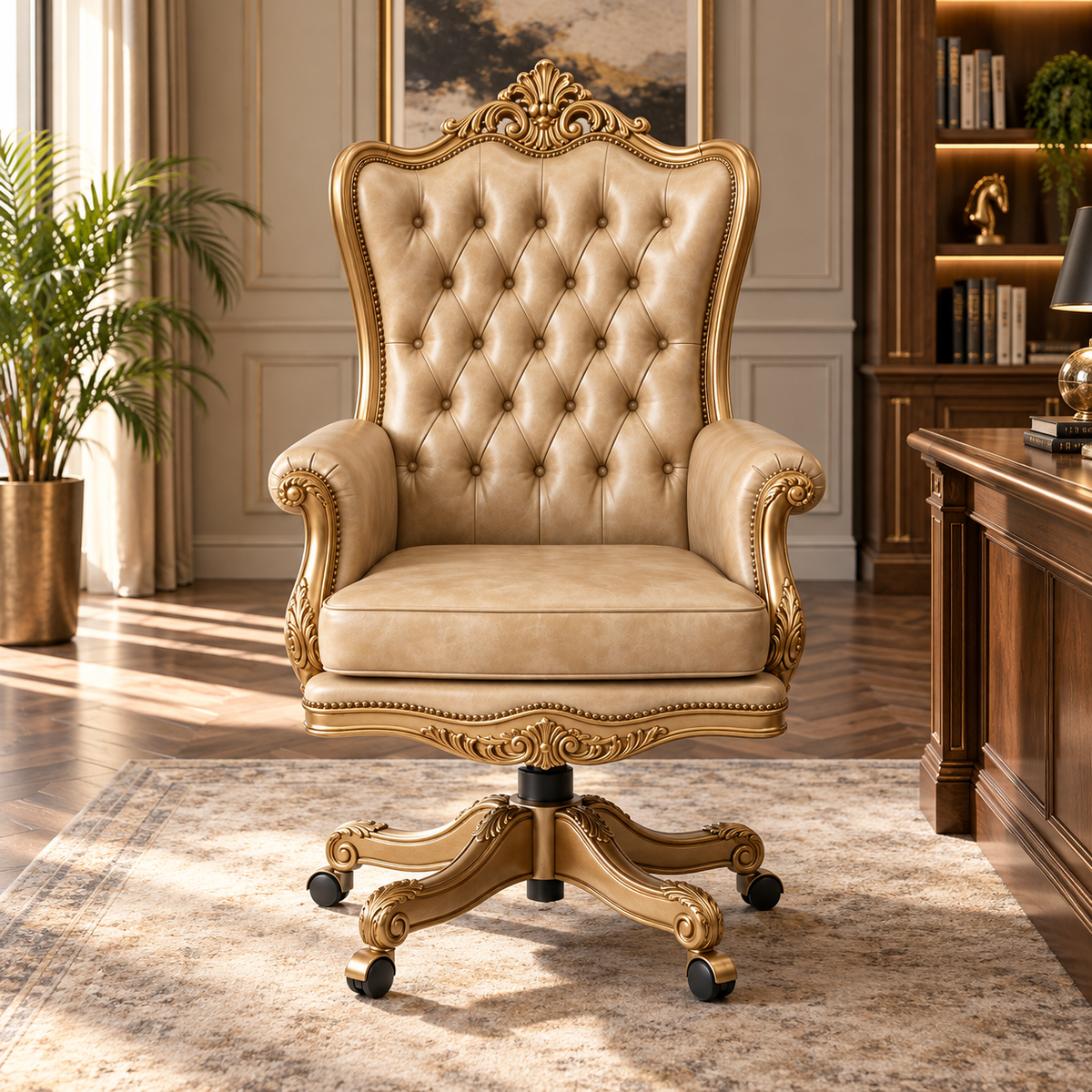 Luxury Royal Director Office Chair with Diamond Tufted High Back, Hand-Carved Wooden Frame, PU Paint Finish and Swivel Base