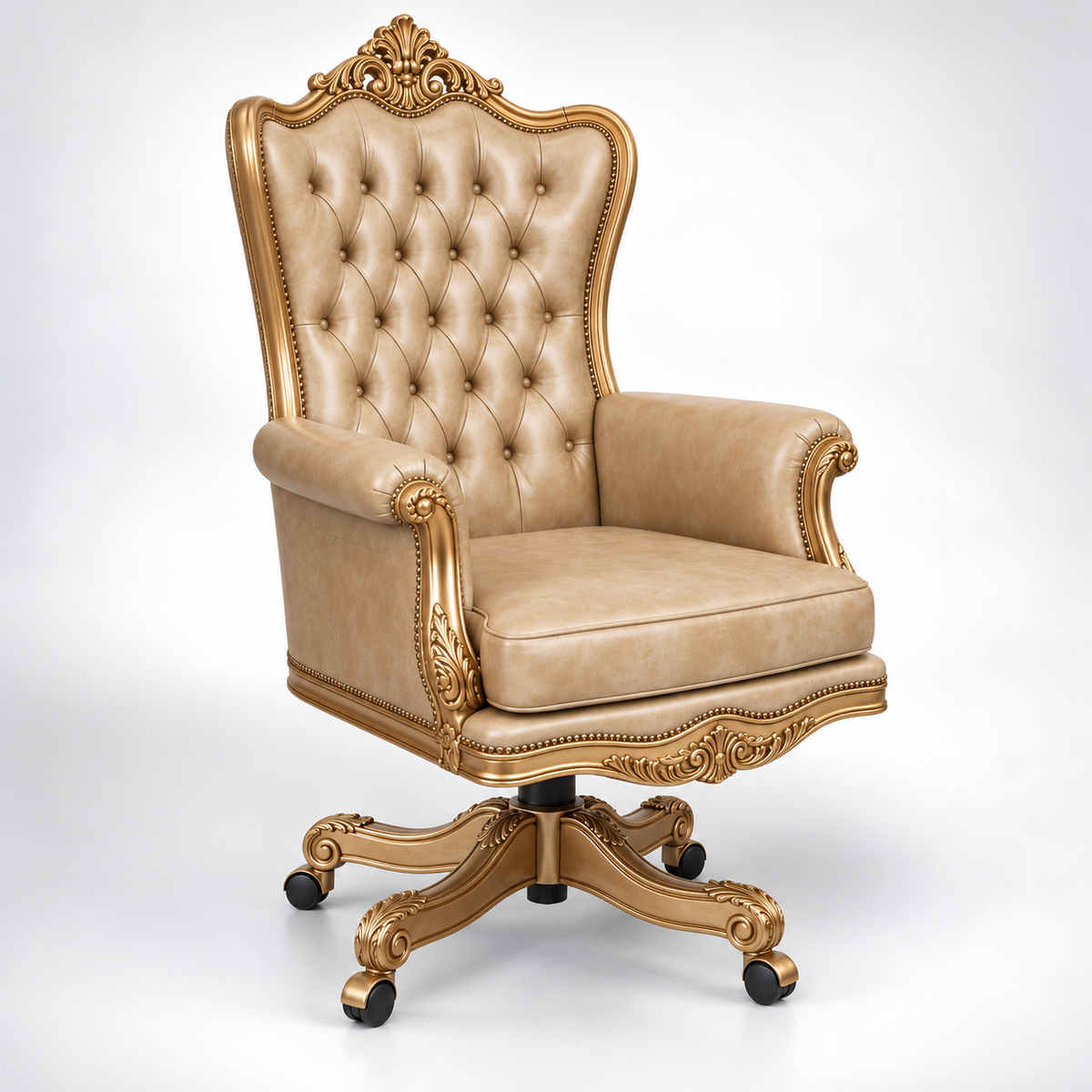 Luxury Royal Director Office Chair with Diamond Tufted High Back, Hand-Carved Wooden Frame, PU Paint Finish and Swivel Base