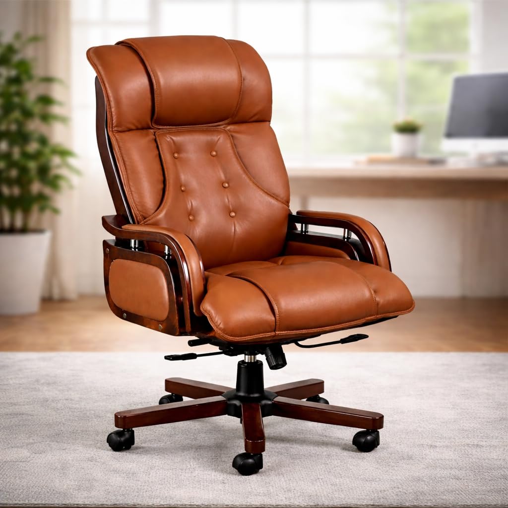 High Back Executive Chair for Office | Leatherette Upholstery with Wooden Base & Handle | Revolving Director Chair with Cushioned Seat & Headrest | Boss Chair Brown