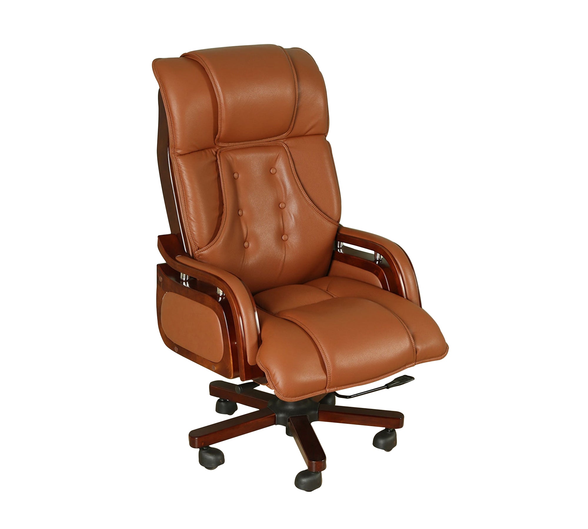 High Back Executive Chair for Office | Leatherette Upholstery with Wooden Base & Handle | Revolving Director Chair with Cushioned Seat & Headrest | Boss Chair Brown