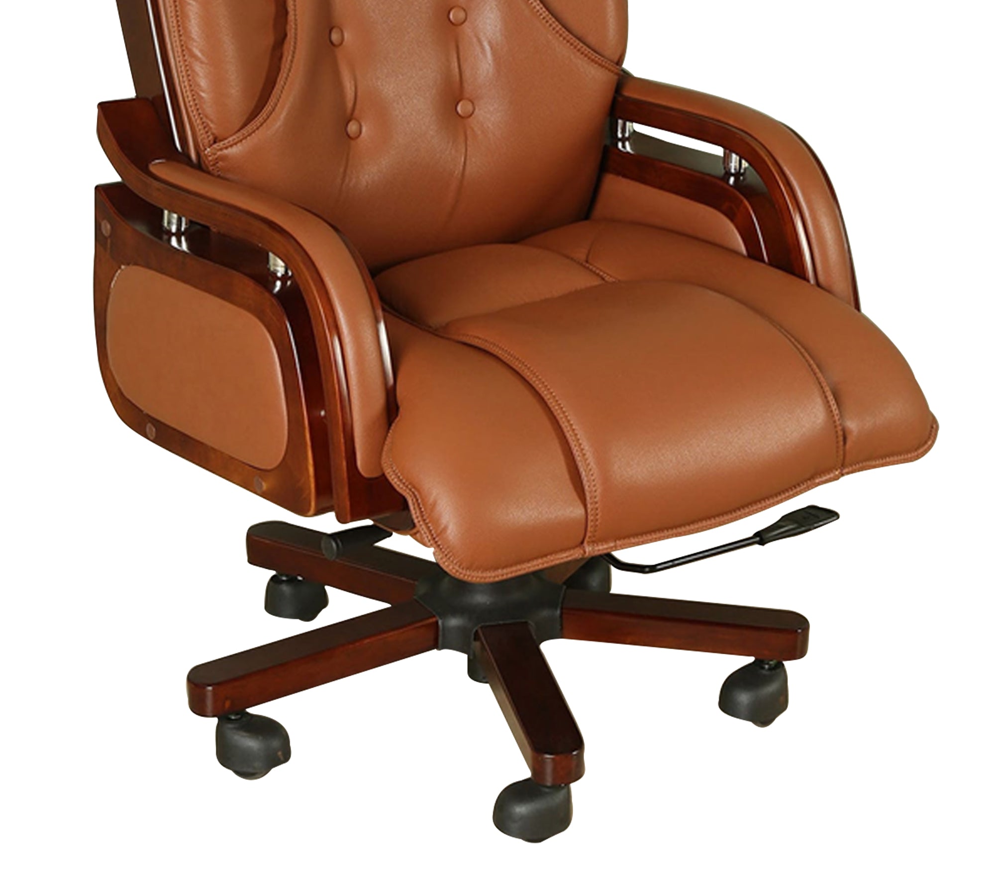 High Back Executive Chair for Office | Leatherette Upholstery with Wooden Base & Handle | Revolving Director Chair with Cushioned Seat & Headrest | Boss Chair Brown