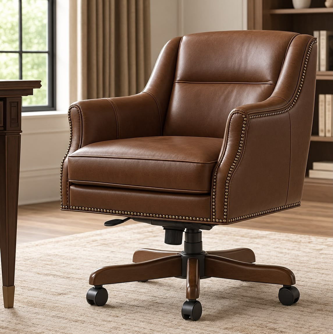 Premium Vintage Executive Office Chair with Nailhead Trim, High Backrest, Padded Armrests, Swivel Base & Wheels for Office Cabin