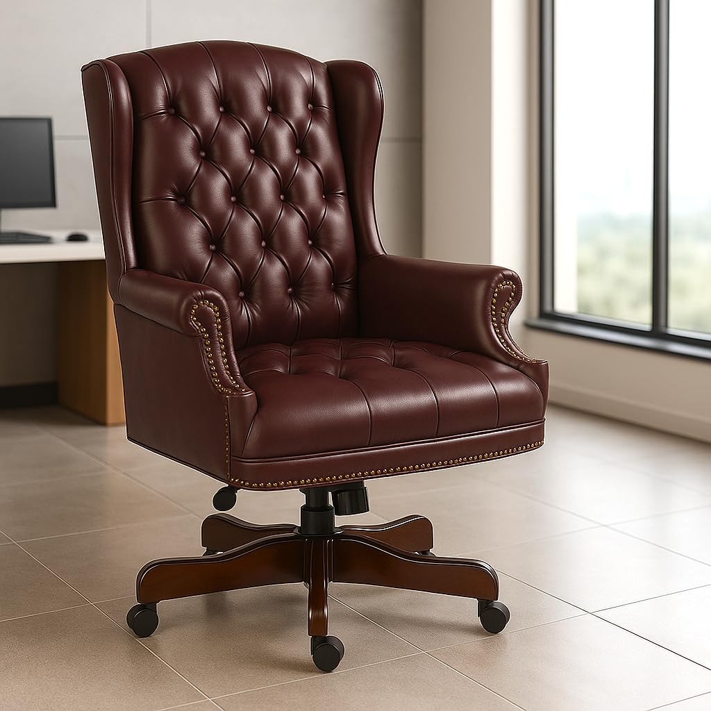 Luxury Wingback Swivel Chair with Wooden Base and Classic Chesterfield Style Director Desk Chair