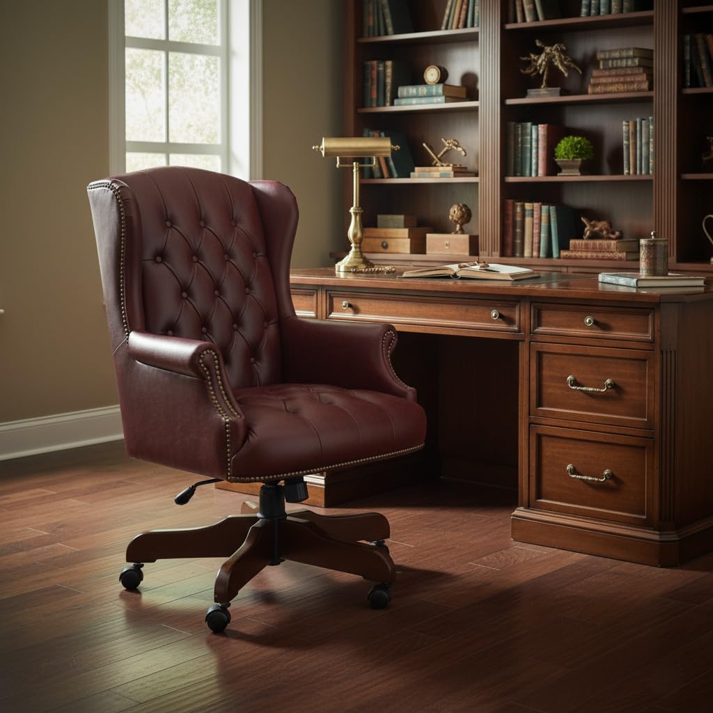 Luxury Wingback Swivel Chair with Wooden Base and Classic Chesterfield Style Director Desk Chair