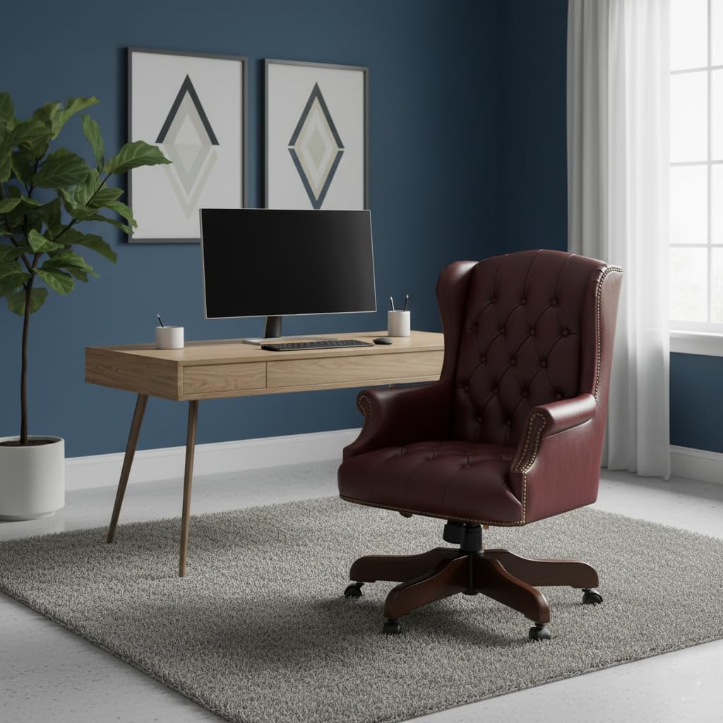 Luxury Wingback Swivel Chair with Wooden Base and Classic Chesterfield Style Director Desk Chair