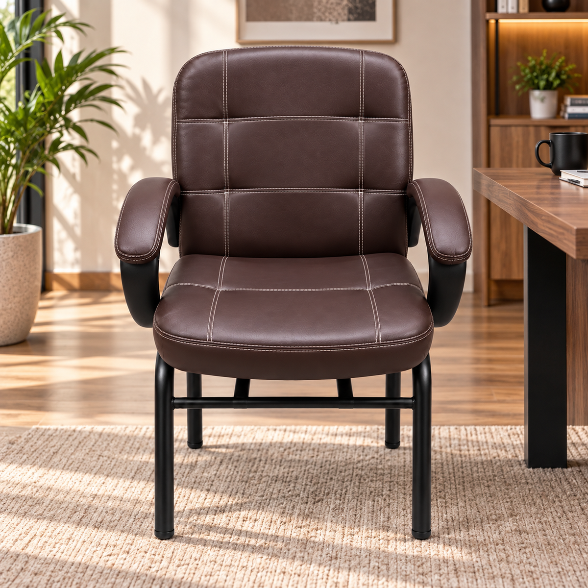 Modern Padded Visitor Chair with Curved Armrests, High Back Support, Cushioned Seat and Fixed Four-Leg Base for Office and Meeting Rooms
