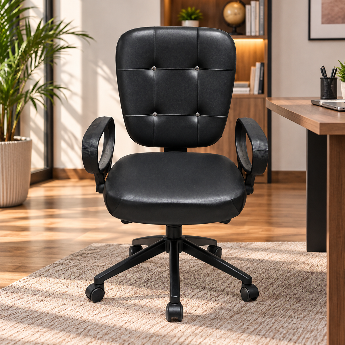 Modern Mid Back Office Chair with Pure Leather Upholstery, Button-Tufted Backrest, Padded Seat, Loop Armrests and Five-Star Wheeled Base
