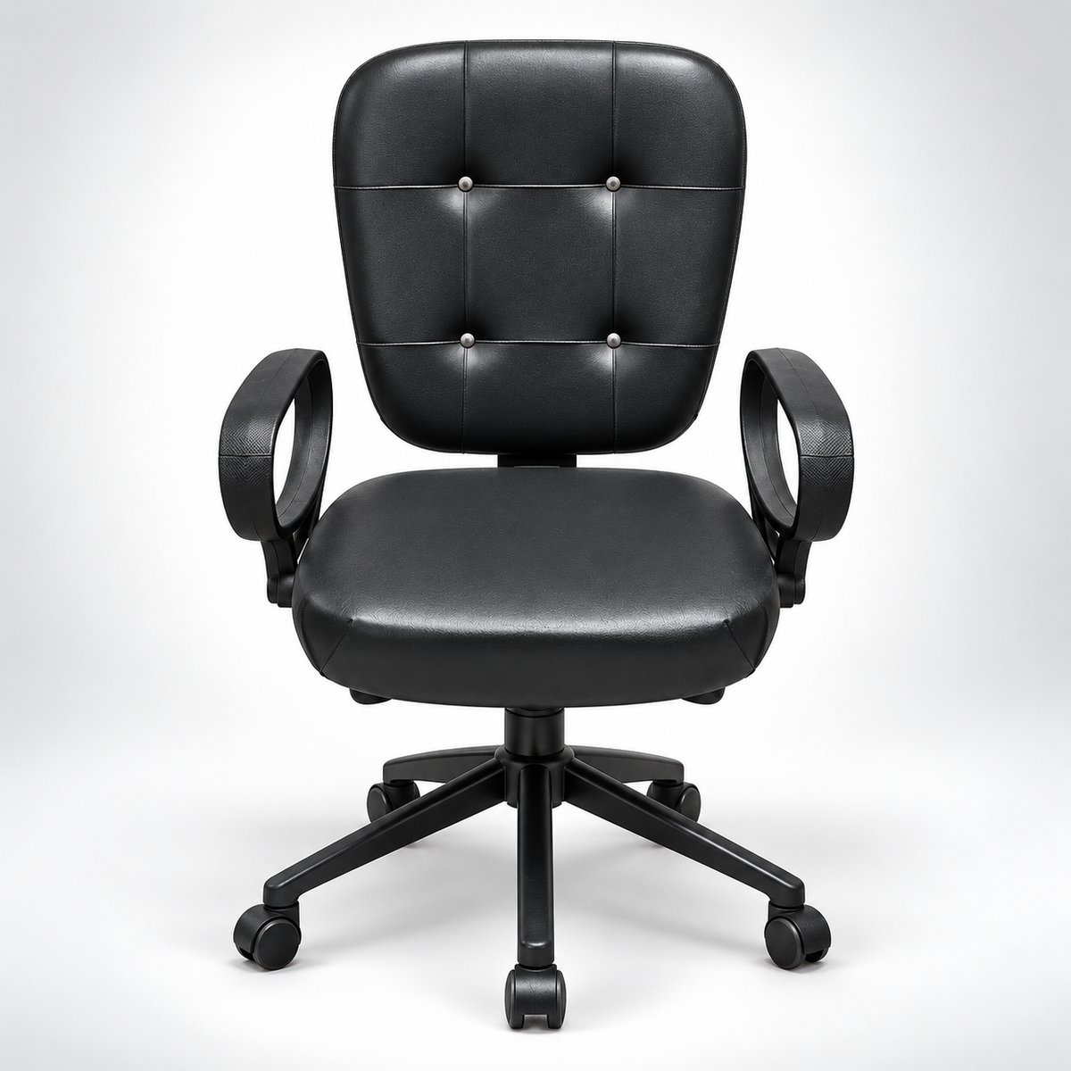 Modern Mid Back Office Chair with Pure Leather Upholstery, Button-Tufted Backrest, Padded Seat, Loop Armrests and Five-Star Wheeled Base