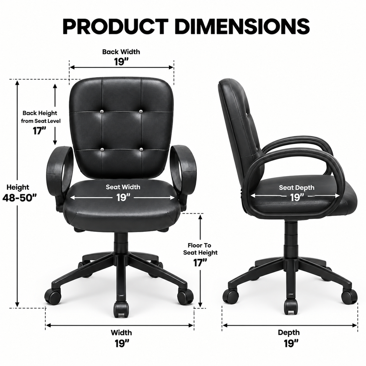 Modern Mid Back Office Chair with Pure Leather Upholstery, Button-Tufted Backrest, Padded Seat, Loop Armrests and Five-Star Wheeled Base