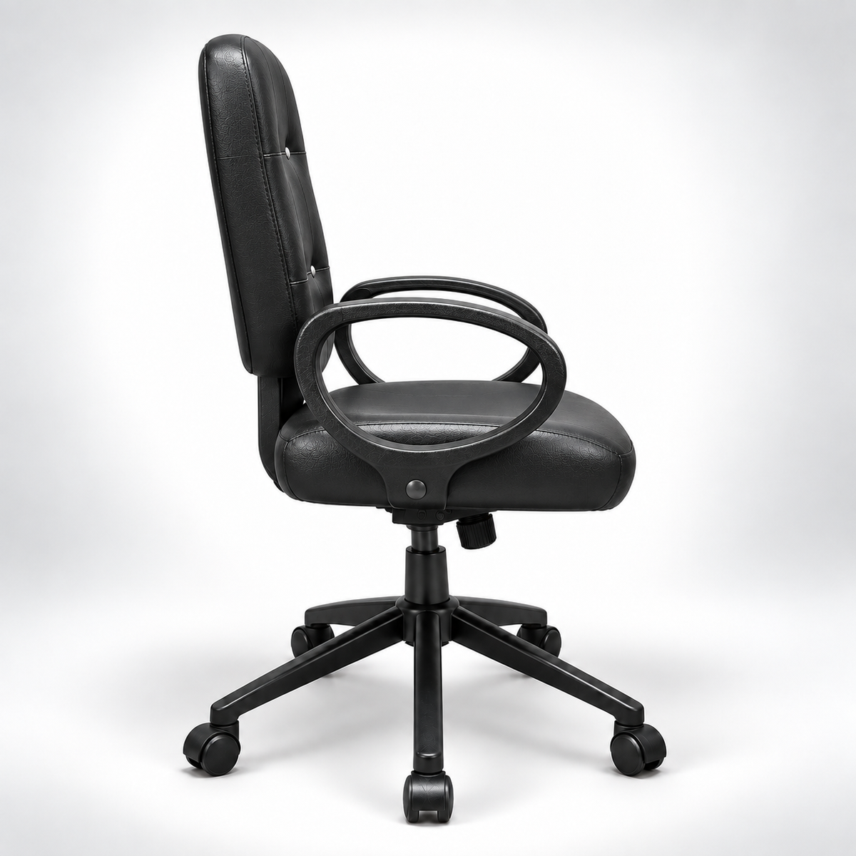 Modern Mid Back Office Chair with Pure Leather Upholstery, Button-Tufted Backrest, Padded Seat, Loop Armrests and Five-Star Wheeled Base