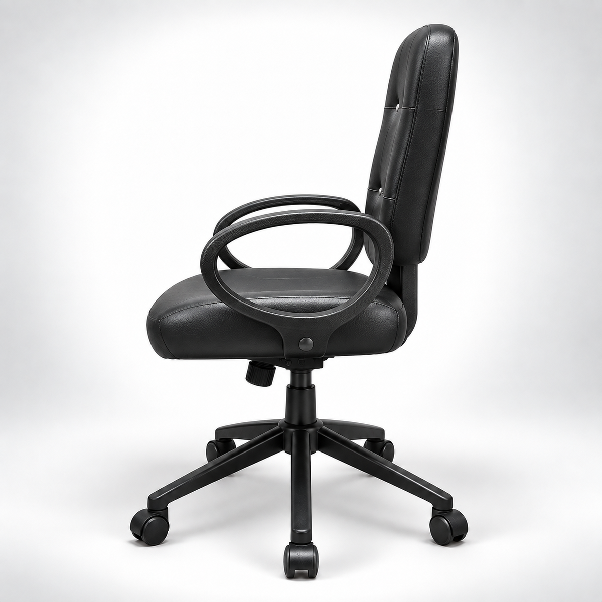 Modern Mid Back Office Chair with Pure Leather Upholstery, Button-Tufted Backrest, Padded Seat, Loop Armrests and Five-Star Wheeled Base