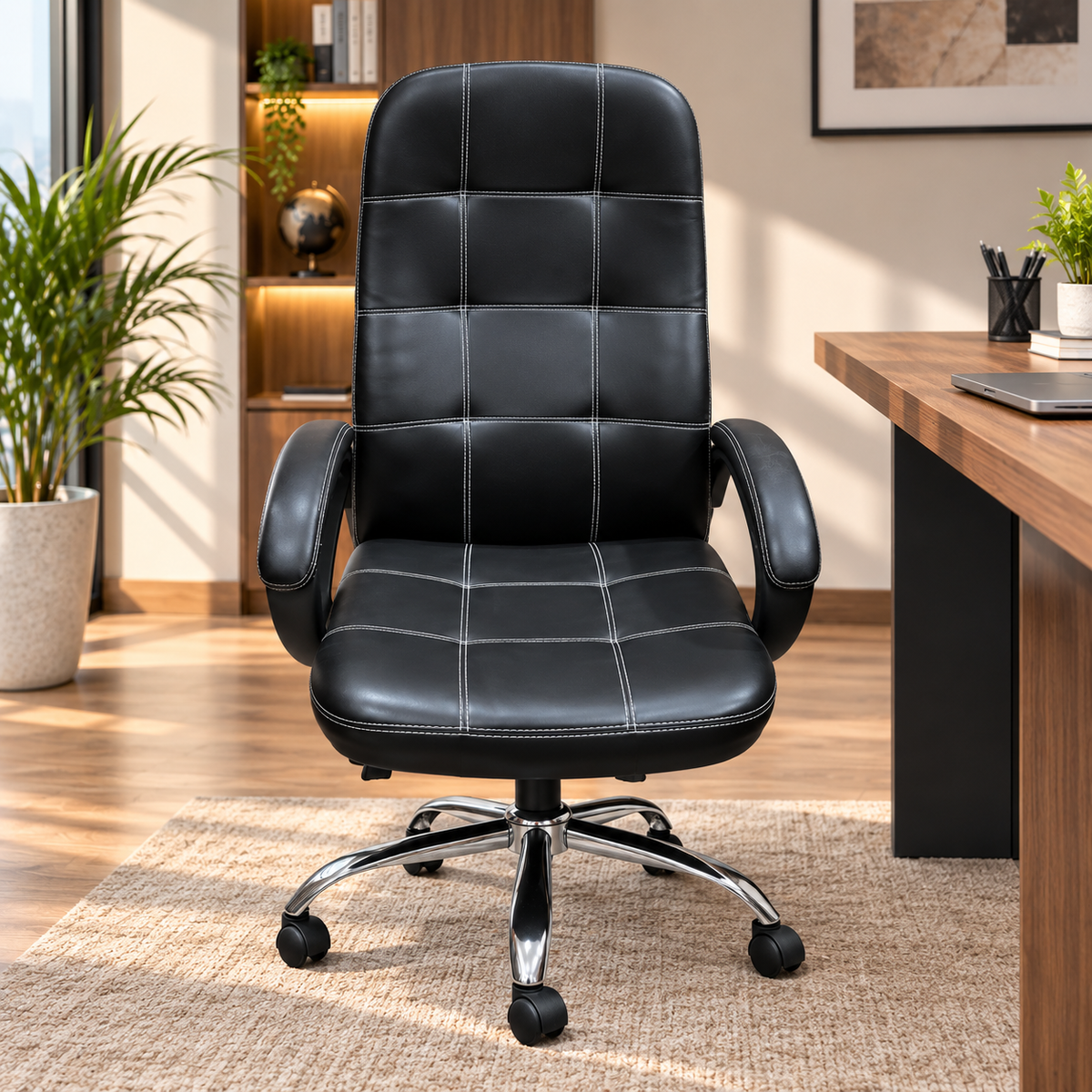 Premium High Back Director Chair with Padded Armrests, Cushioned Seat, Contrast Stitching and Five-Star Wheeled Base for Office Cabins