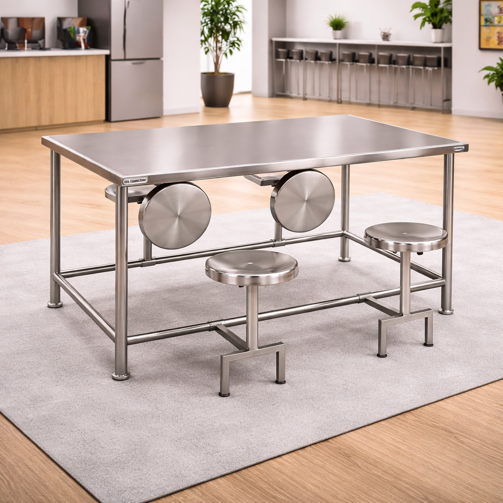 4 Seater Cafe Table with Foldable Seats, Stainless Steel Dining Table Set for Cafeteria, Food Court and Commercial Dining Spaces