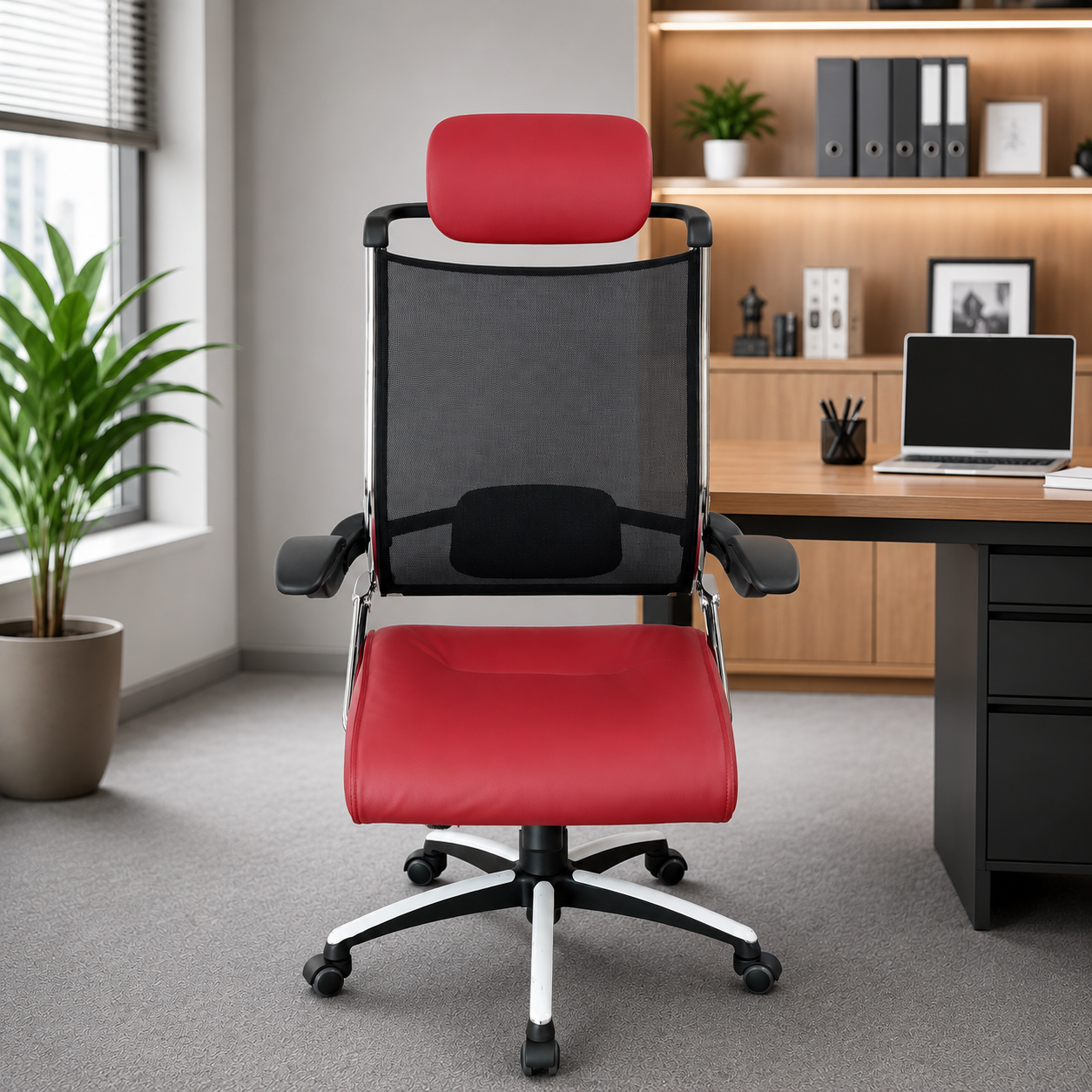 Red office chair in an office setting with a desk and computer.